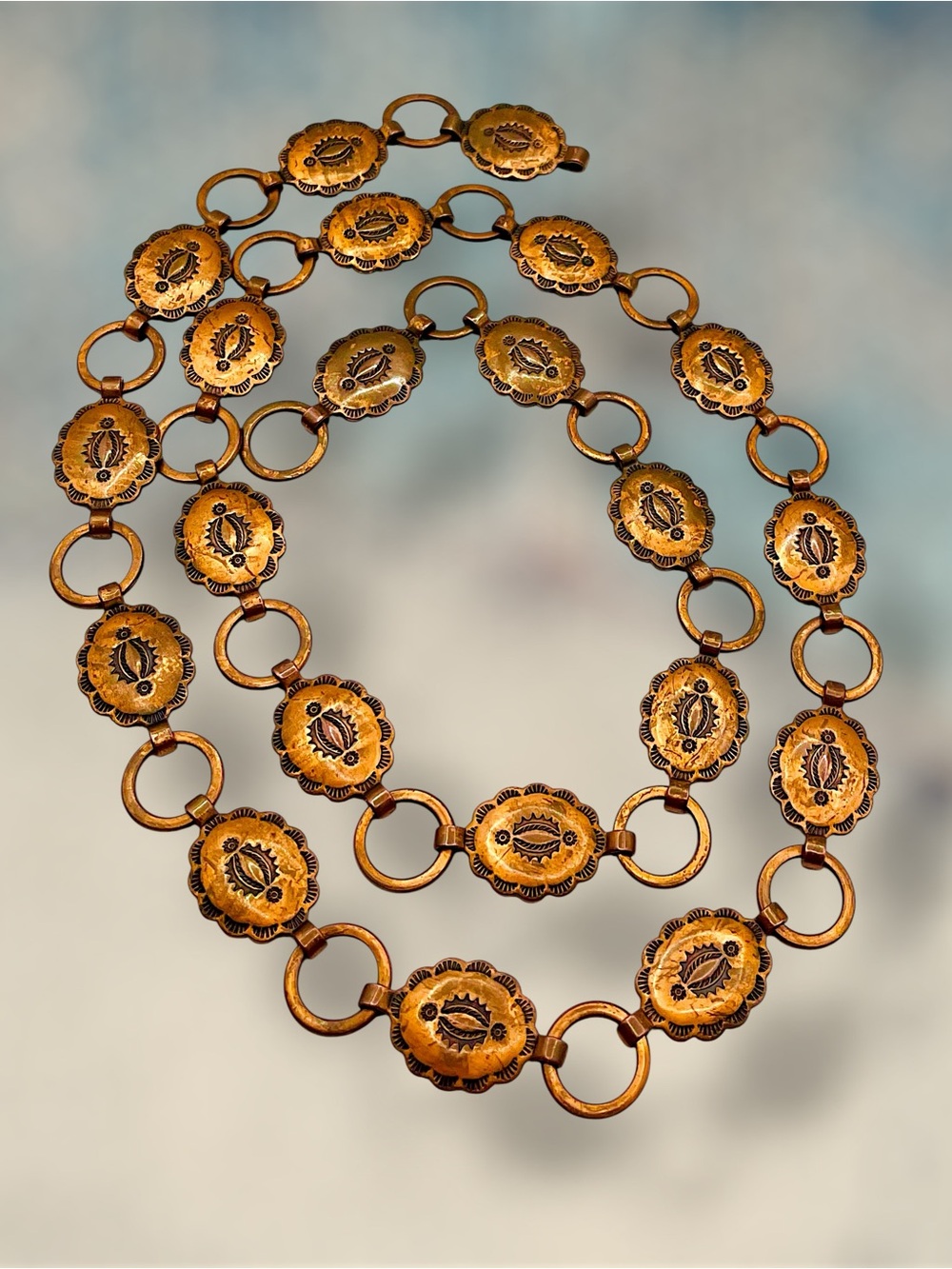Vintage Copper Concho Link Chain Belt Boho Western Nice Patina Estate Find